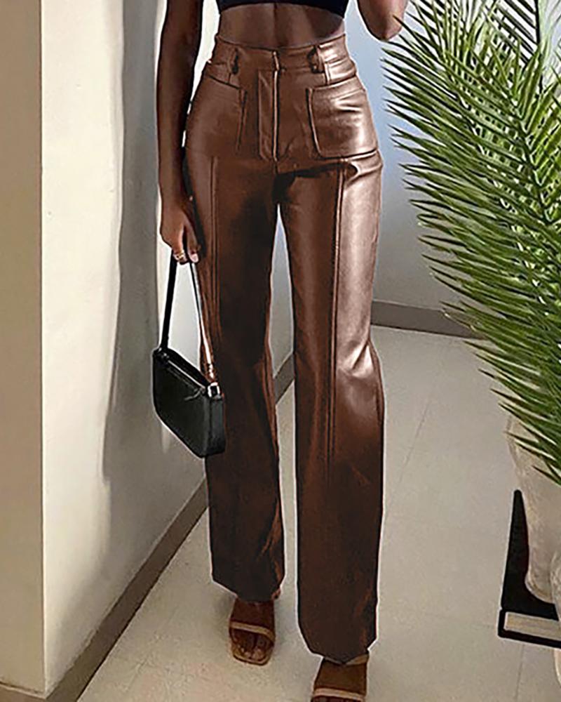 

PU Leather High Waist Pants, Brown