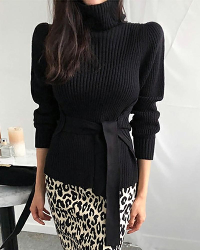 

Plain High Neck Long Sleeve Sweater, Black