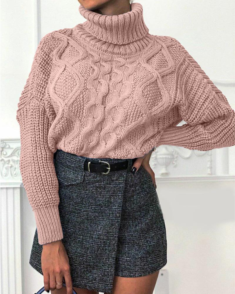 

High Neck Solid Cable Knit Sweater, Pink