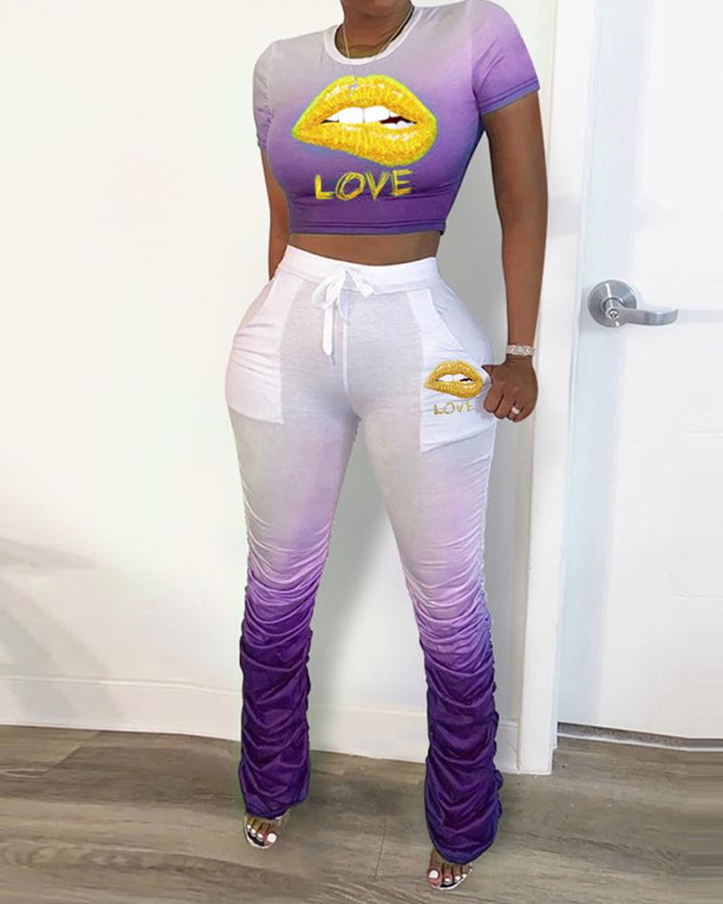 

Lip Letter Print Top & Drawstring Pants Set, Purple