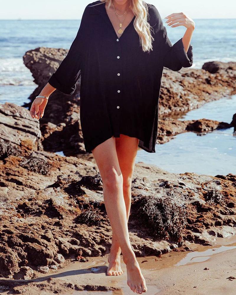 

Button Design Long Sleeve Slit Cover Up Shirt, Black