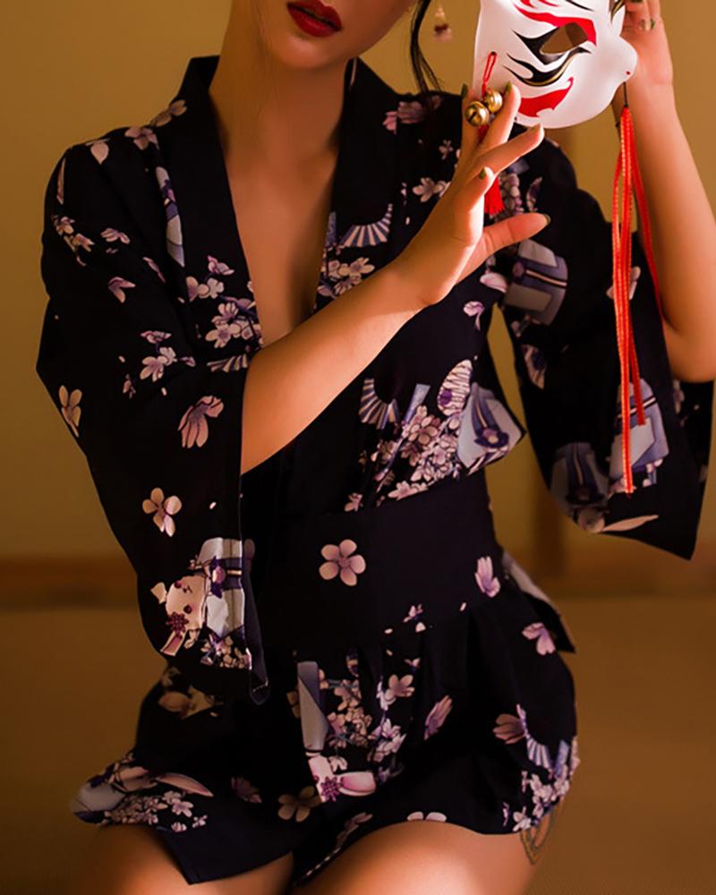 

Blossom Floral Print Bell Sleeve Kimono Robe Costume, Dark blue