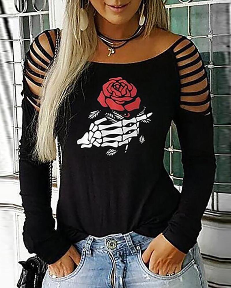 

Skeleton Floral Print Ladder Cutout Top, Black