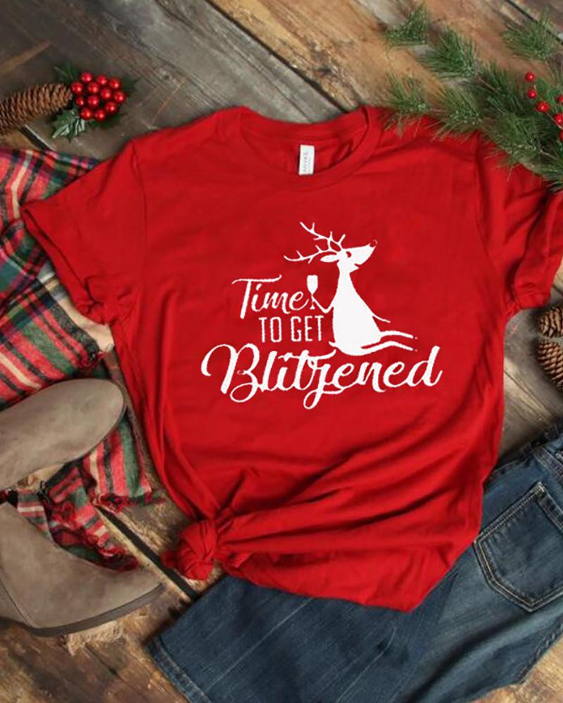 

Christmas Letter Print Short Sleeve Casual T-Shirt, Red