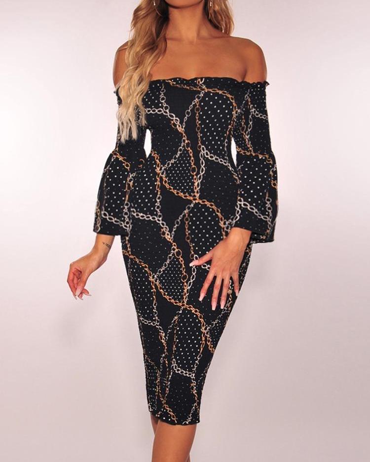

Chains Print Off Shoulder Midi Dress, Gold