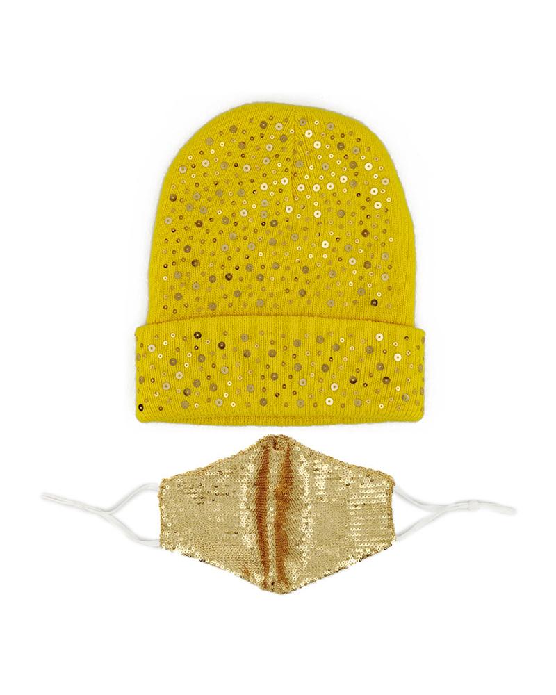 

Sequins Cuffed Beanie With Face Mask, Yellow