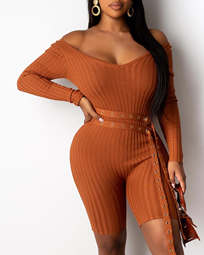 

Plain Long Sleeve Plunge Skinny Romper, Orange