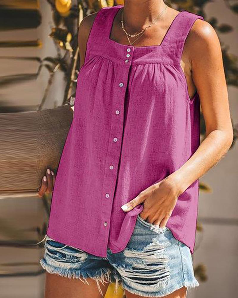 

Button Design Square Neck Casual Tank Top, Purple