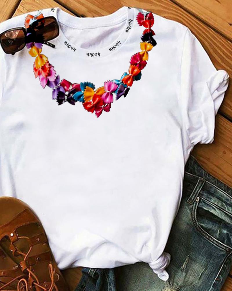 

Mother' Day Gift Bowknot Neckline Print Short Sleeve Casual T-Shirt, White