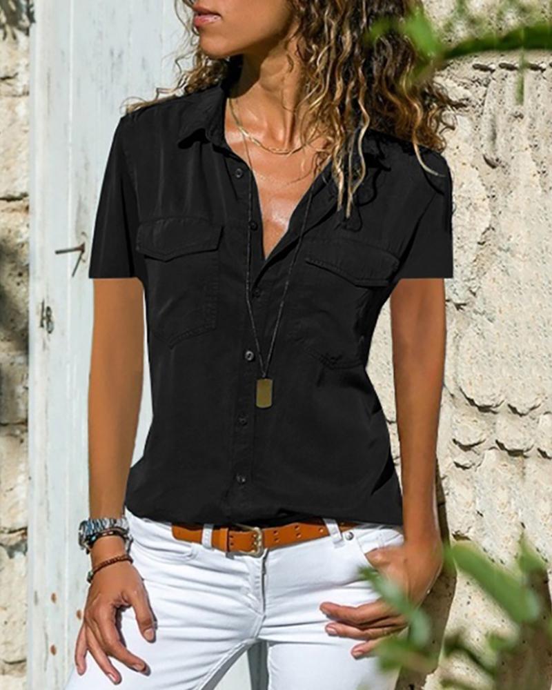 

Turn Down Collar Pocket Button Up Shirts, Black