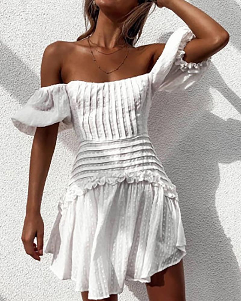 

Puffed Sleeve Ruched Frill Hem Dress, White