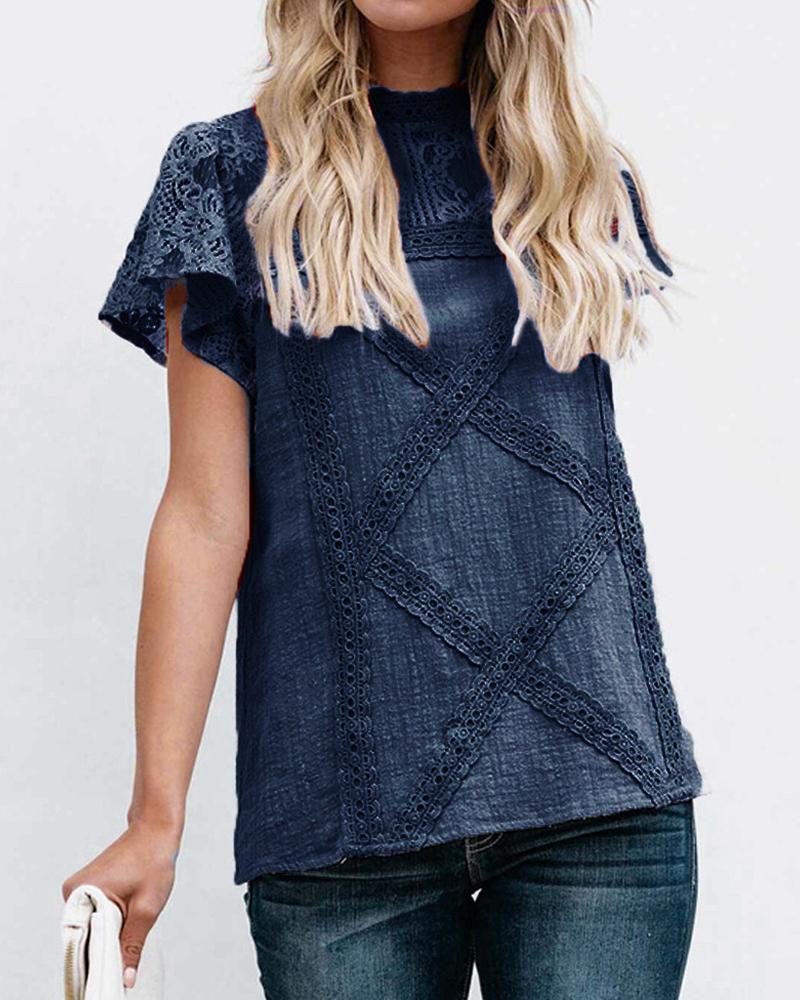 

Lace Hollow Out Short Sleeve T-shirt, Dark blue