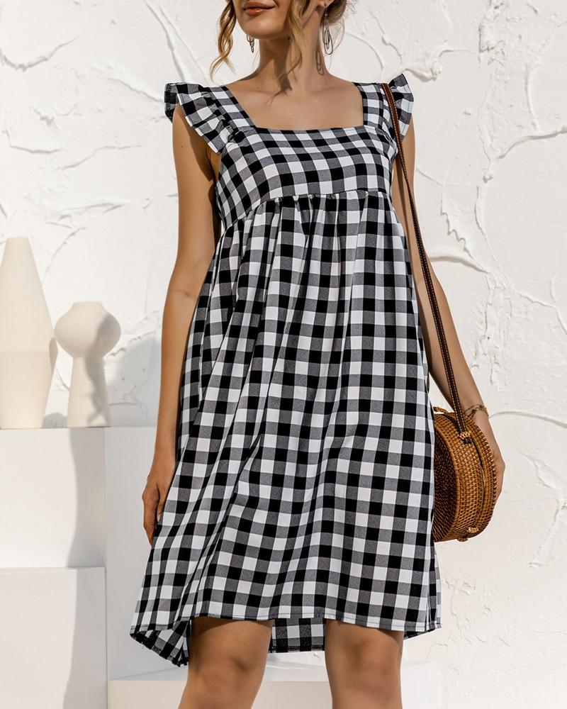 

Plaid Ruffle Hem Square Neck Casual Dress, Black