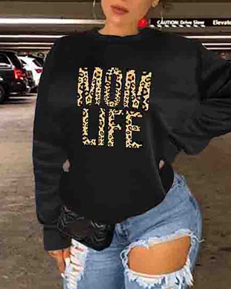 

Mother's Day Leopard Letter Print Lined Sweatshirt, Black