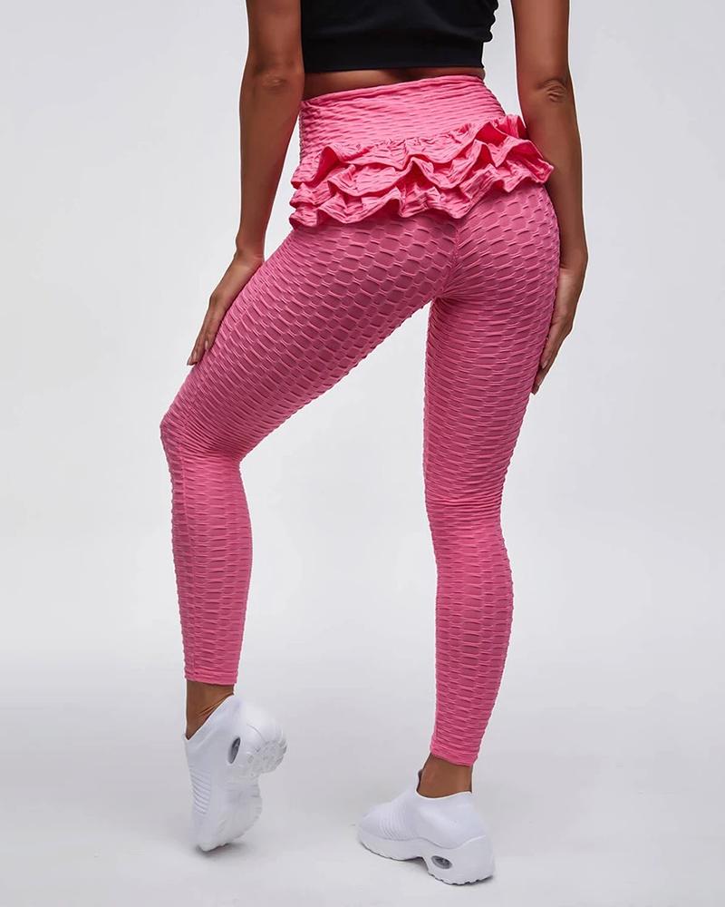 

Plain Textured Ruffle Hem Sports Leggings, Pink