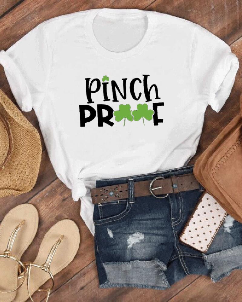 

Letter & Clover Print Short Sleeve Casual T-shirt, White