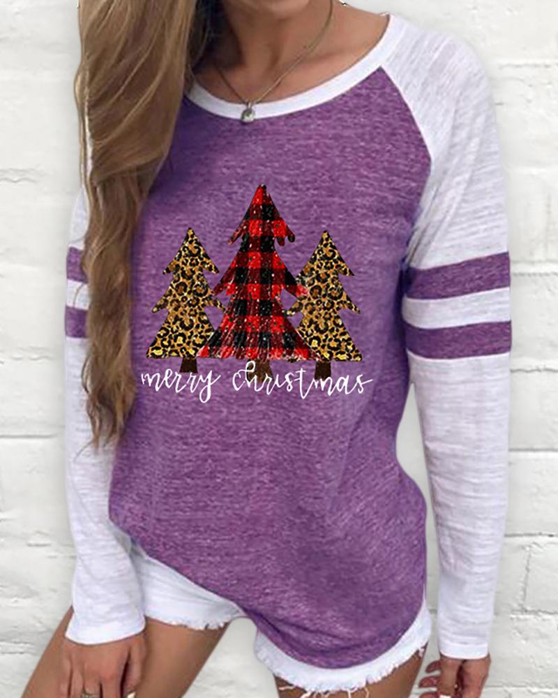 

Christmas Long Sleeve Casual Tree Print Sweatshirt, Purple