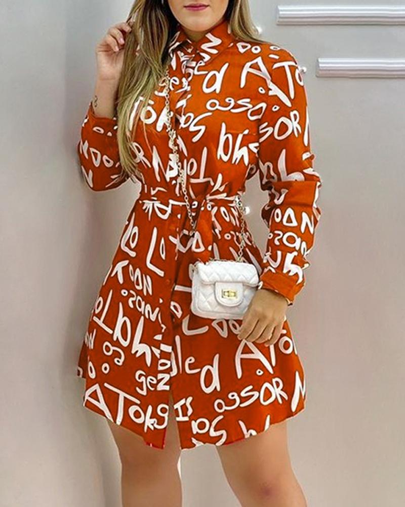 

Letter Print Long Sleeve Casual Shirt Dress, Red