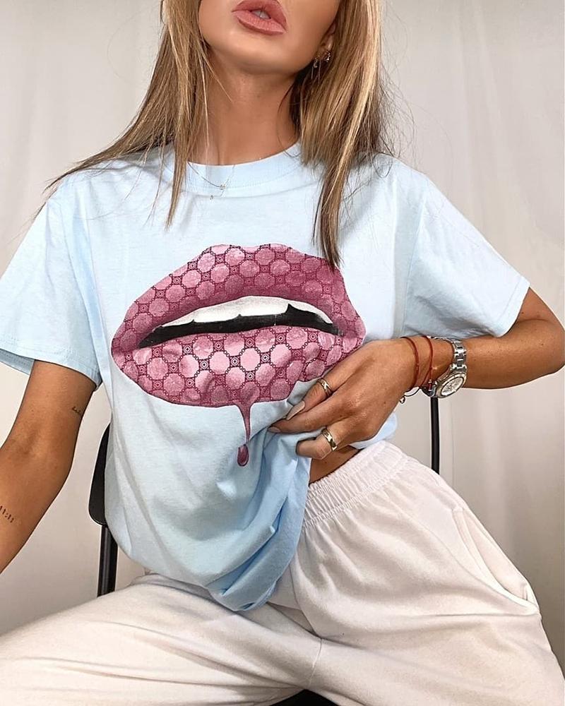 

Lip Print Round Neck Short Sleeve Casual T-shirt, White