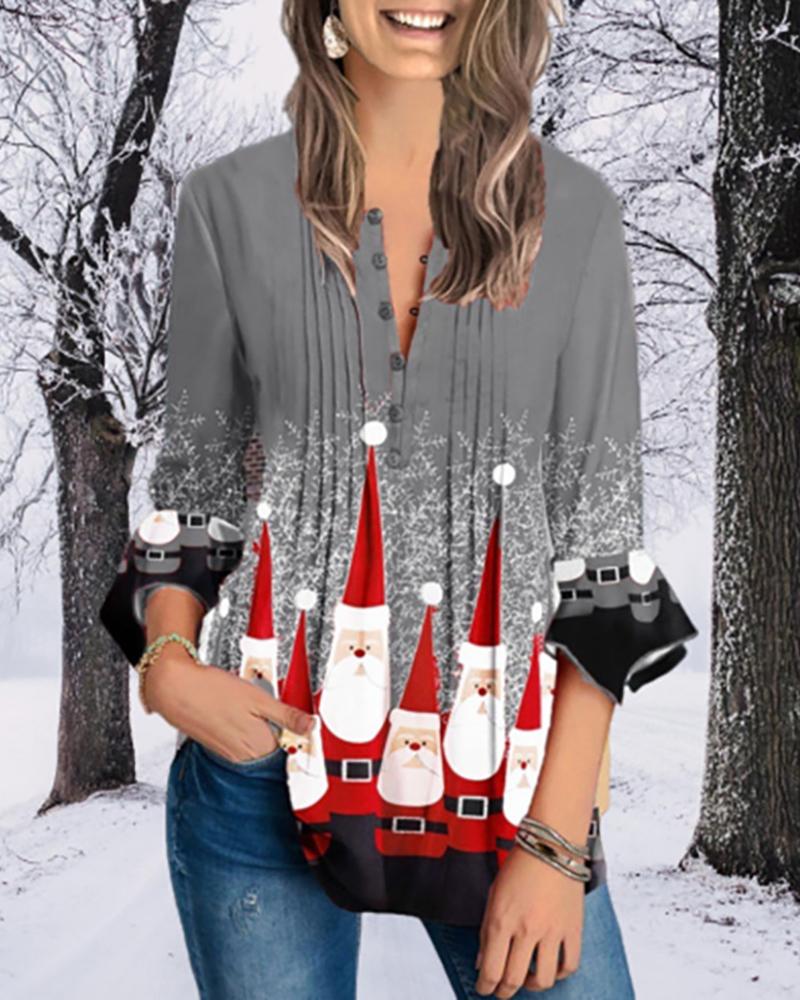 

Christmas Print Colorblock Buttoned Top, Gray