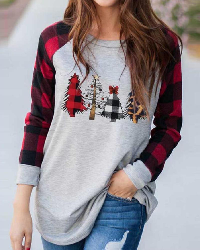 

Christmas Tree Print Colorblock Casual Sweatshirt, Light gray