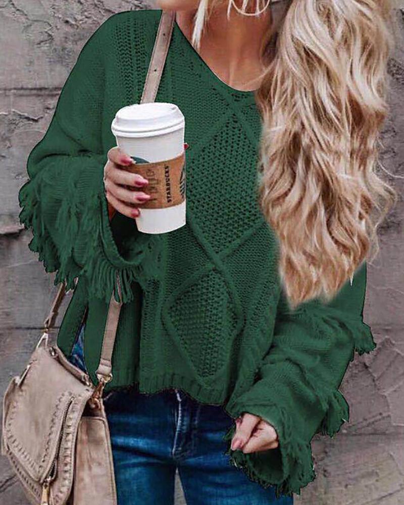 

Tassel Hollow Out Knit Sweater, Green