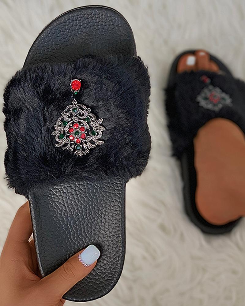 

Studded Open Toe Fluffy Slippers, Black
