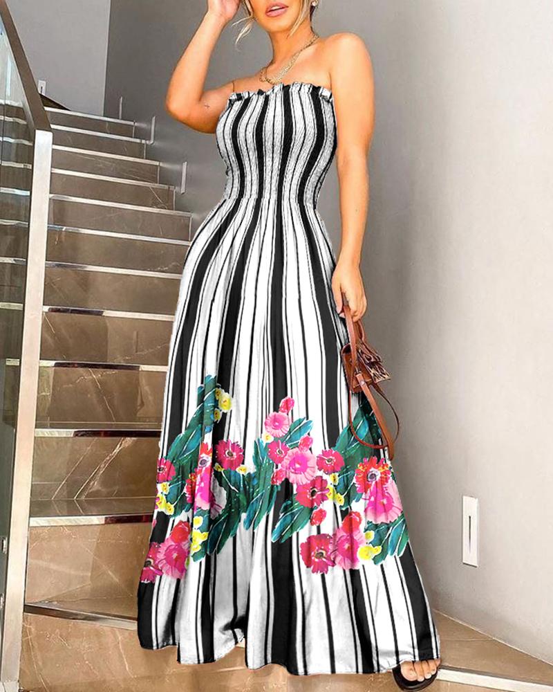 

Floral Print Striped Bandeau Shirring Design Ruffles Maxi Dress, Multicolor
