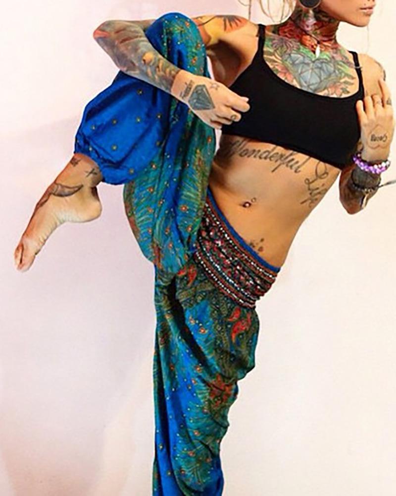 

High Waist Wide Leg Print Yoga Pants, Blue