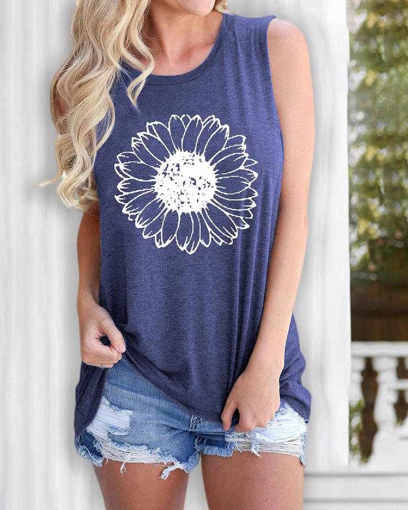 

Daisy Print Casual Tank Top, Blue