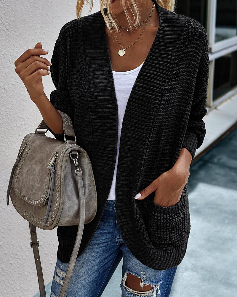 

Solid Pocket Design Long Sleeve Knit Cardigan, Black