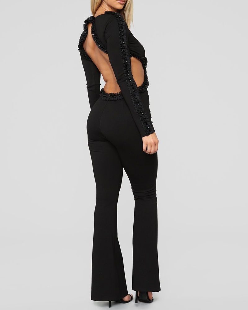 

Beaded Long Sleeve Backless Flared Jumpsuit, Black