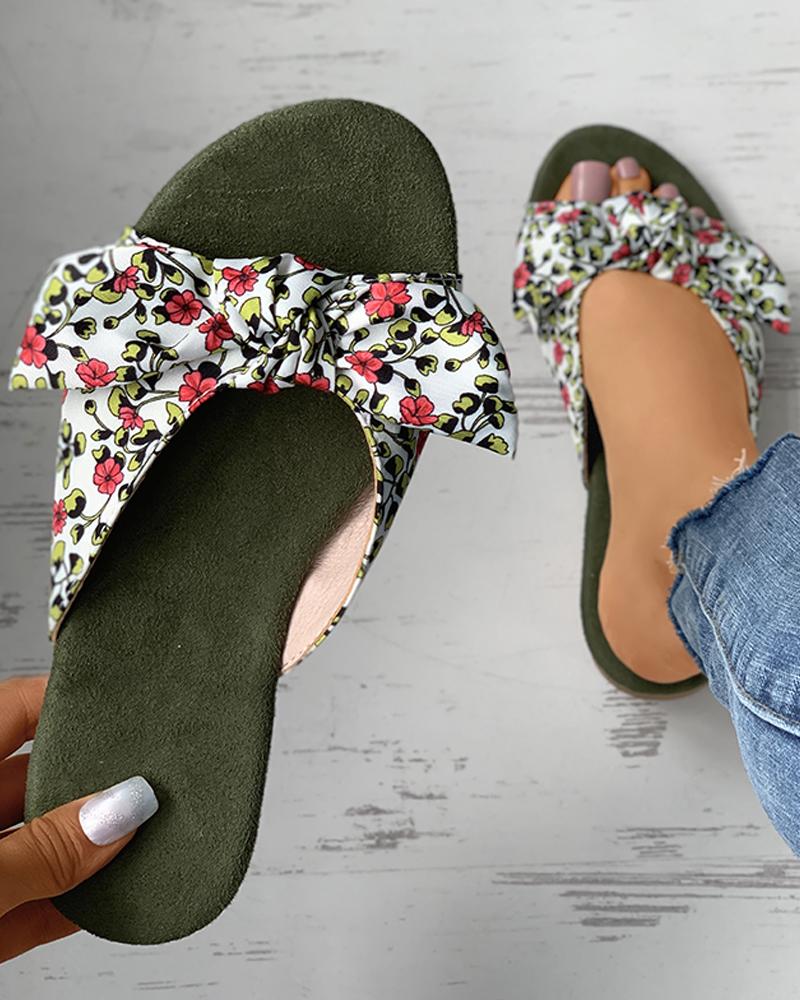 

Ditsy Floral Print Striped Colorblock Bowknot Sliders, Green