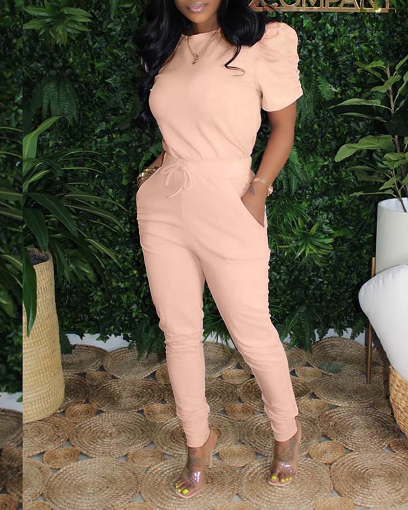 

Puffed Sleeve Top & Drawstring Pants Set, Apricot