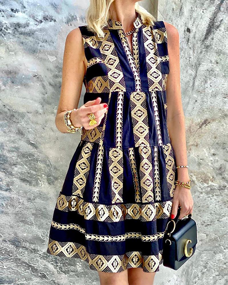

Graphic Print Colorblock Sleeveless Dress, Blue