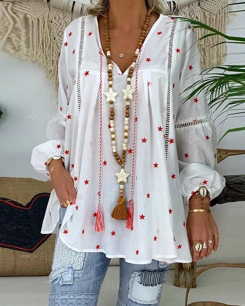

Star Print Hollow Out Tassel Design Top, White