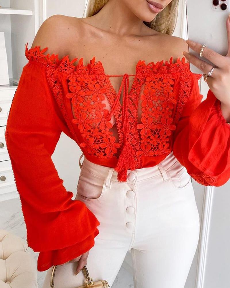 

Off Shoulder Floral Pattern Lace Long Sleeve Top, Red