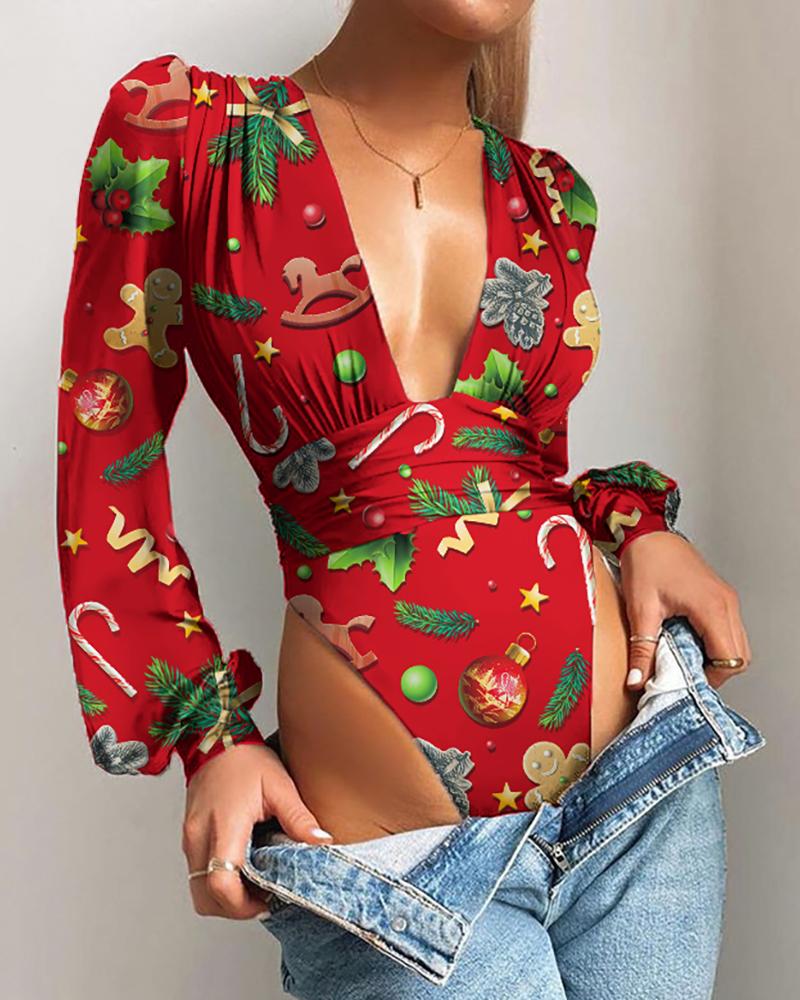 

Plunge Lantern Sleeve Christmas Print Ruched Bodysuit, Red