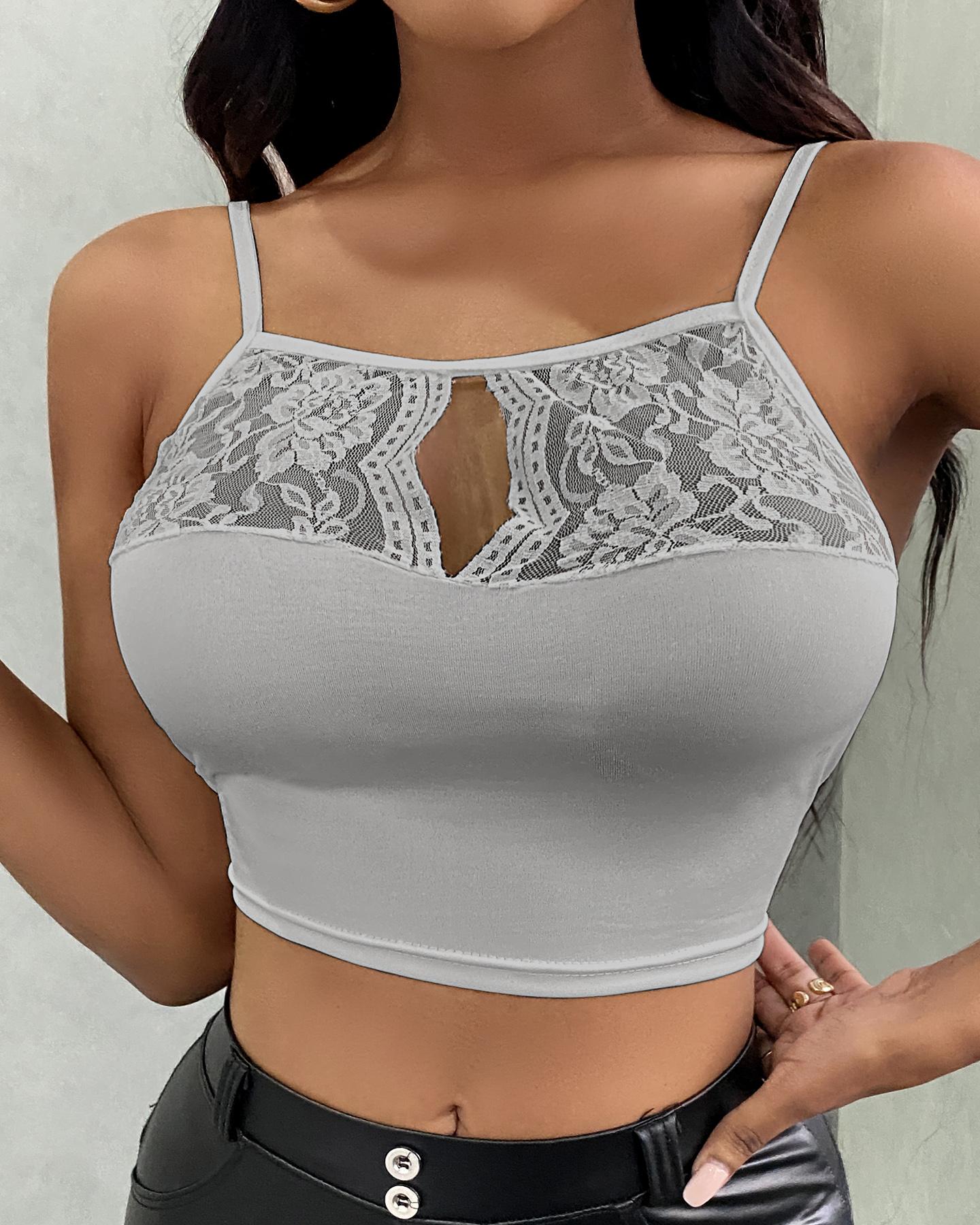 

Crochet Lace Cutout Front Crop Top, Gray