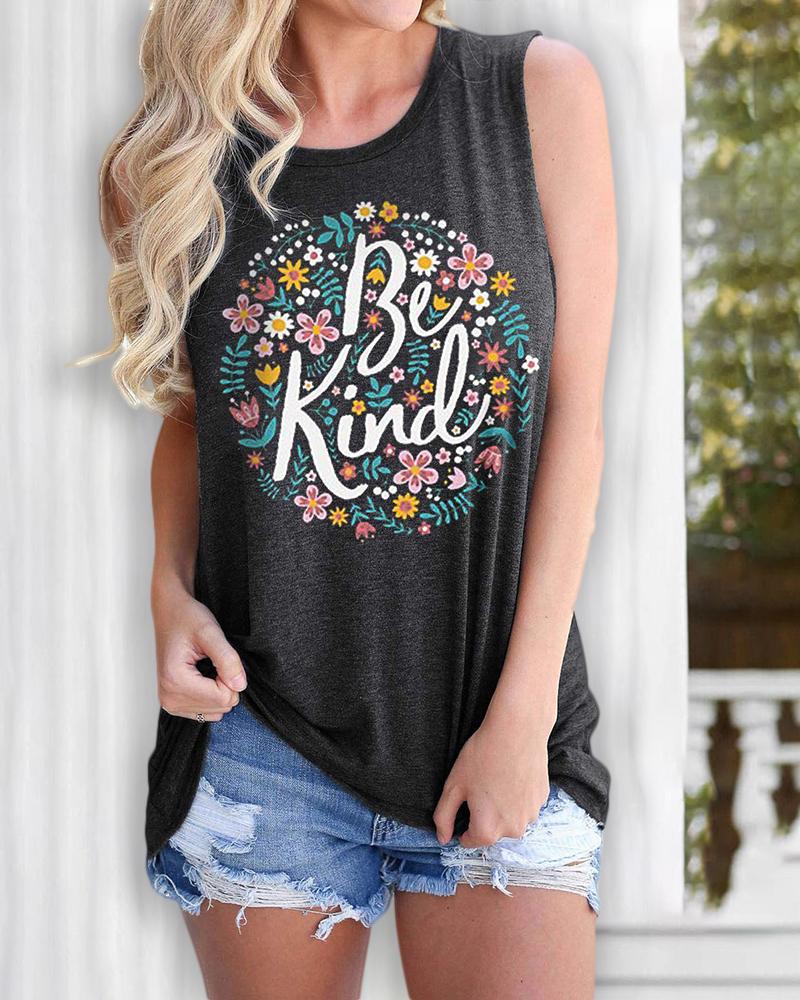 

Letter Floral Print Casual Tank Top, Dark grey