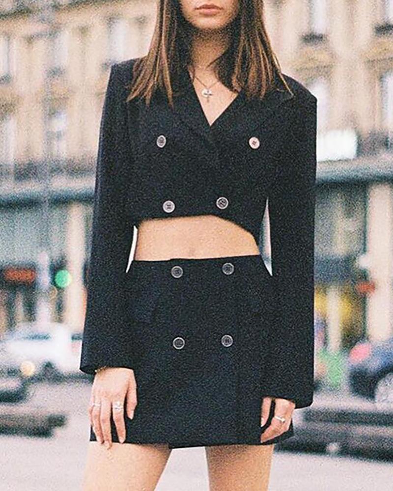 

Buttoned Crop Blazer Coat & High Waist Skirt Set, Black
