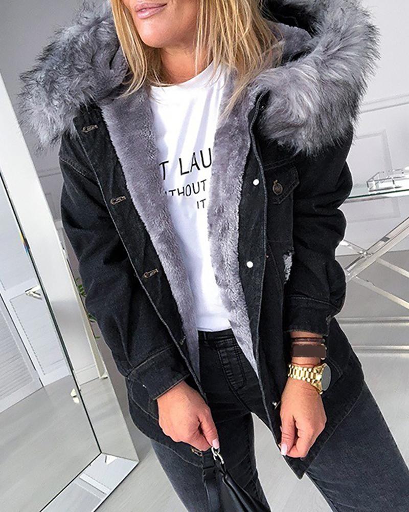 

Button Design Long Sleeve Fluffy Hooded Denim Coat, Black
