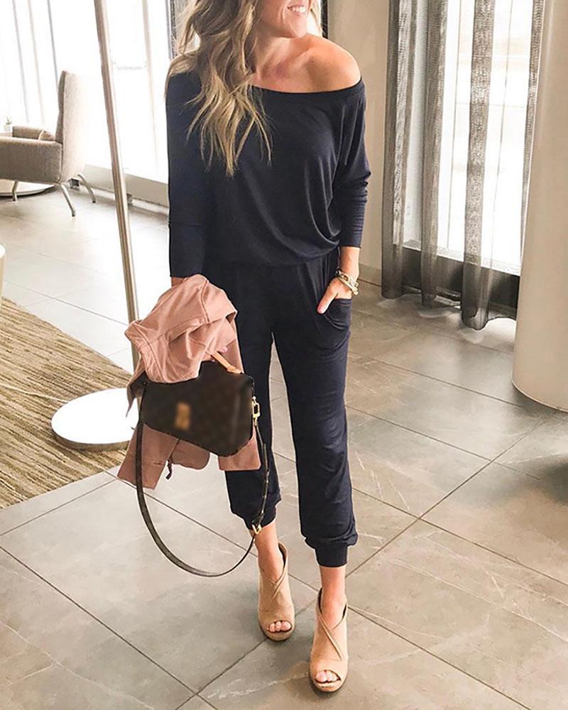 

Off Shoulder Pocket Casual Jumpsuit, Dark blue