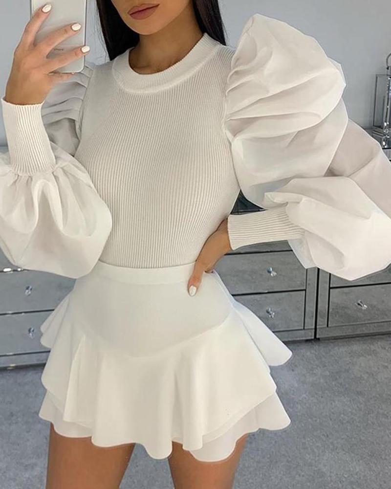 

Plain Ribbed Puffed Sleeve Blouse, White