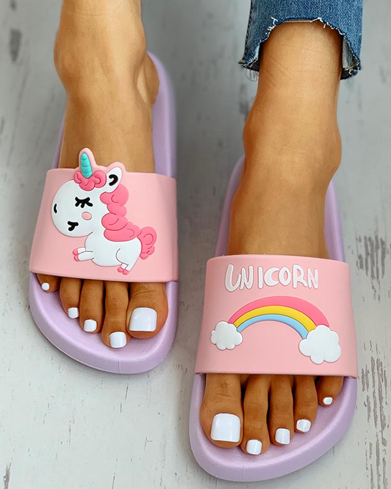 

Cartoon Rainbow Pattern Open Toe Flat Sandals, Pink