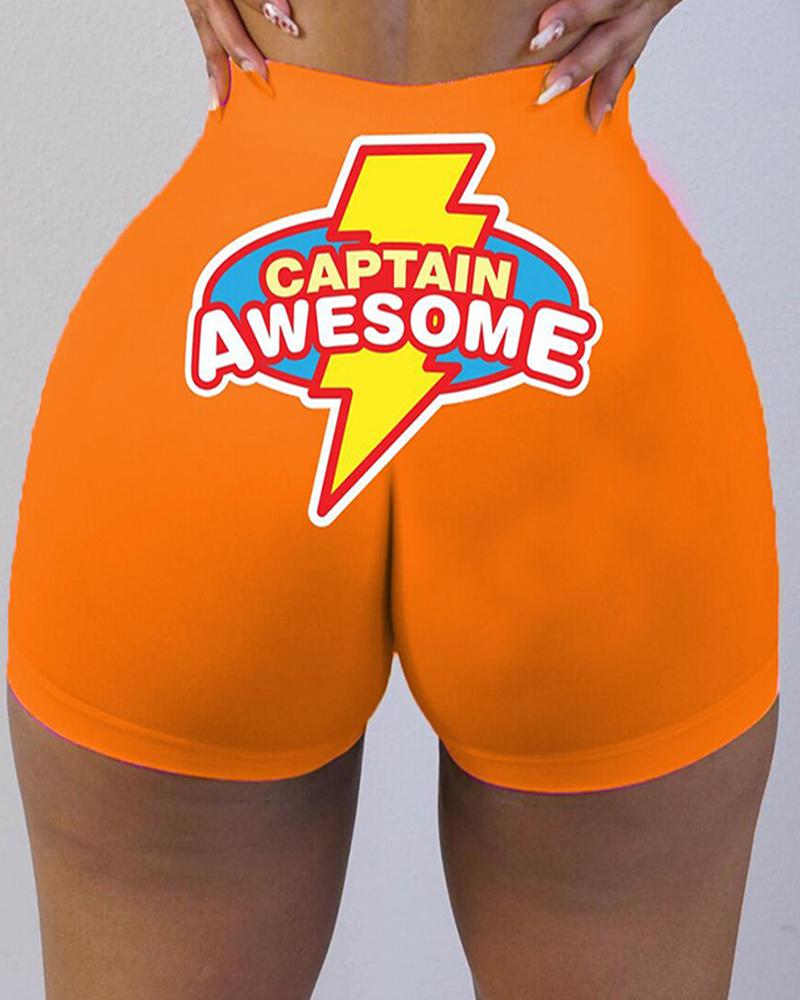 

Letter/Thunder Print High Waist Casual Shorts, Orange