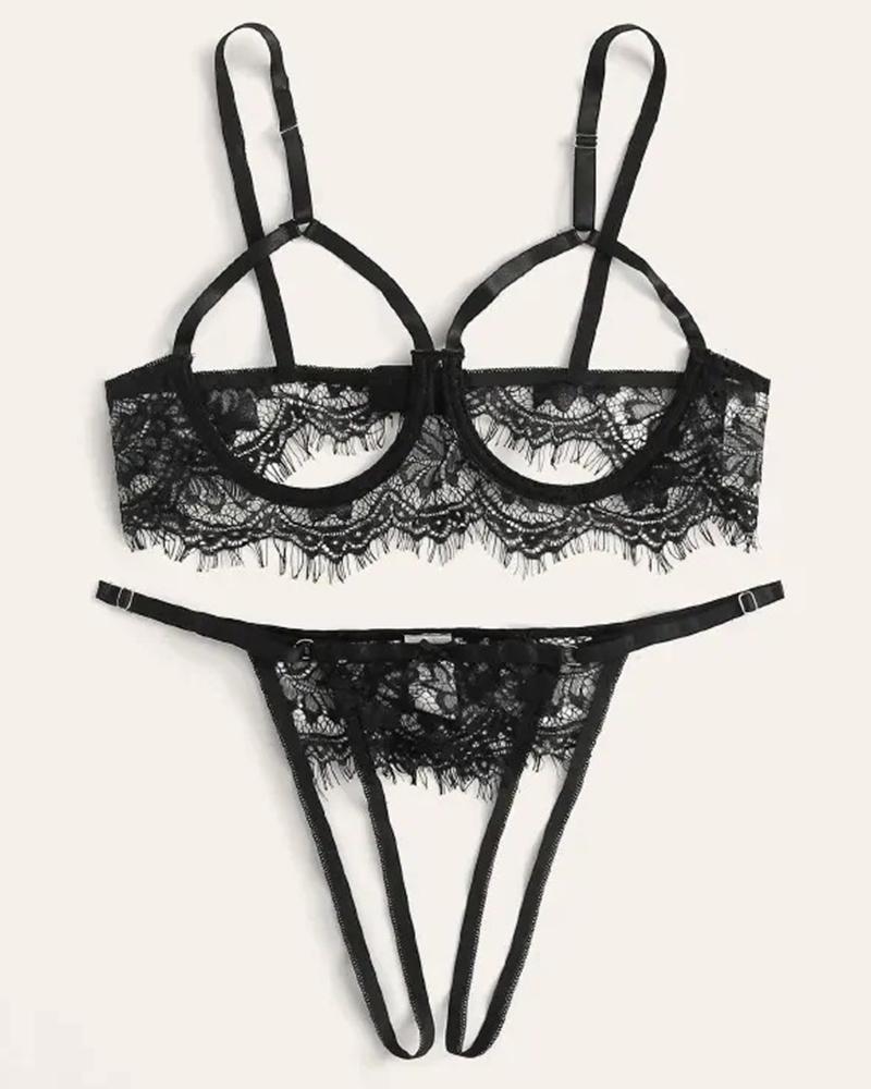 

Eyelash Lace Cutout Lingerie Set, Black