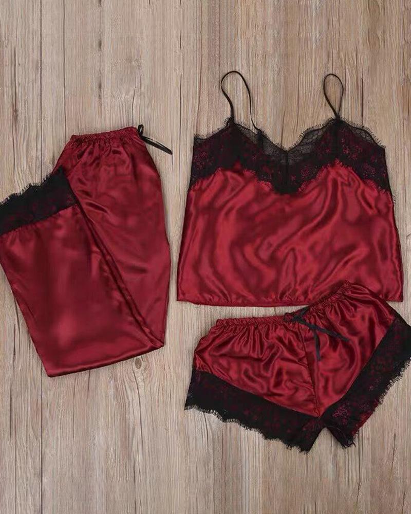 

3PCS Colorblock Lace Trim Satin Sleepwear Set, Wine red