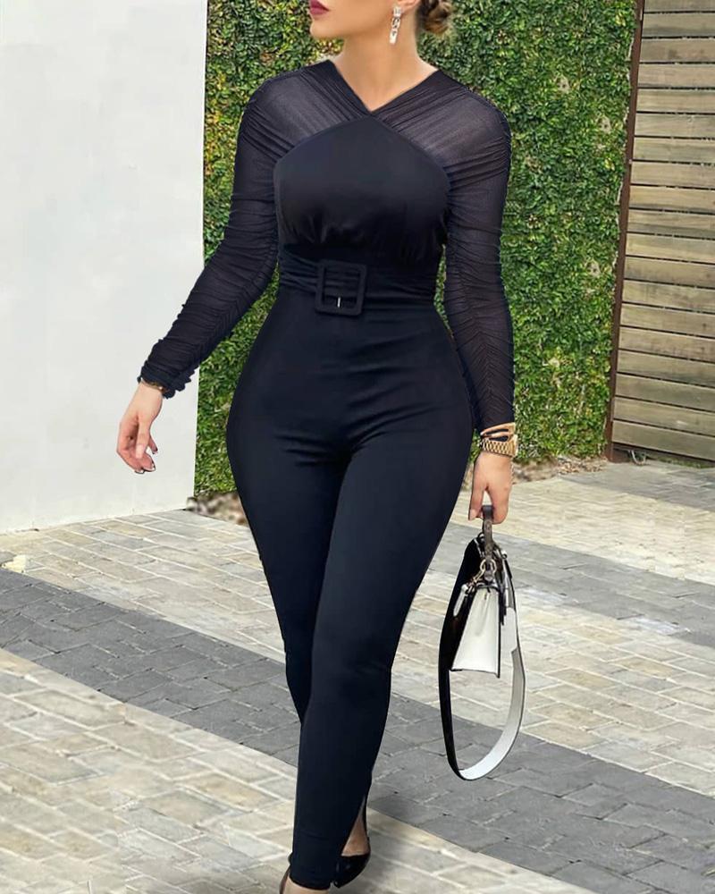 

Plain Sheer Mesh Skinny Jumpsuit, Black