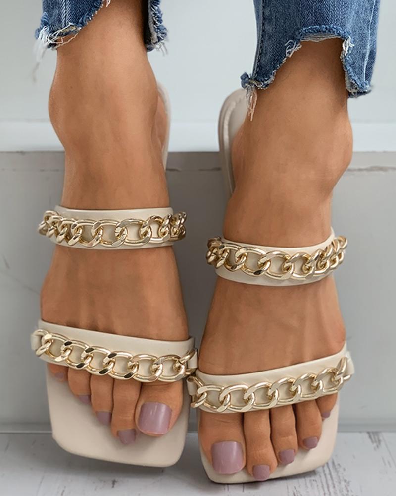 

Chain Strap Square Toe Mule Sliders, Beige